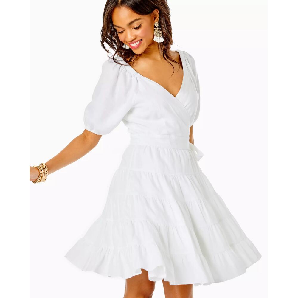 New Lilly Pulitzer Iralee Linen Wrap Dress White Waist Tie Puff Sleeve Sz 10